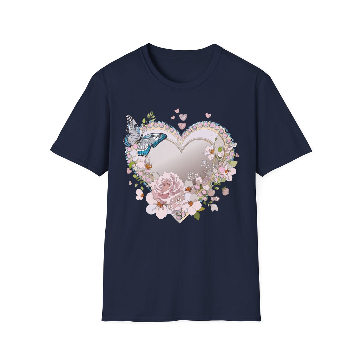 Floral Heart with Butterfly T-Shirt | Romantic Pastel Garden Graphic Tee Unisex 100 Cotton Gildan T-Shirt