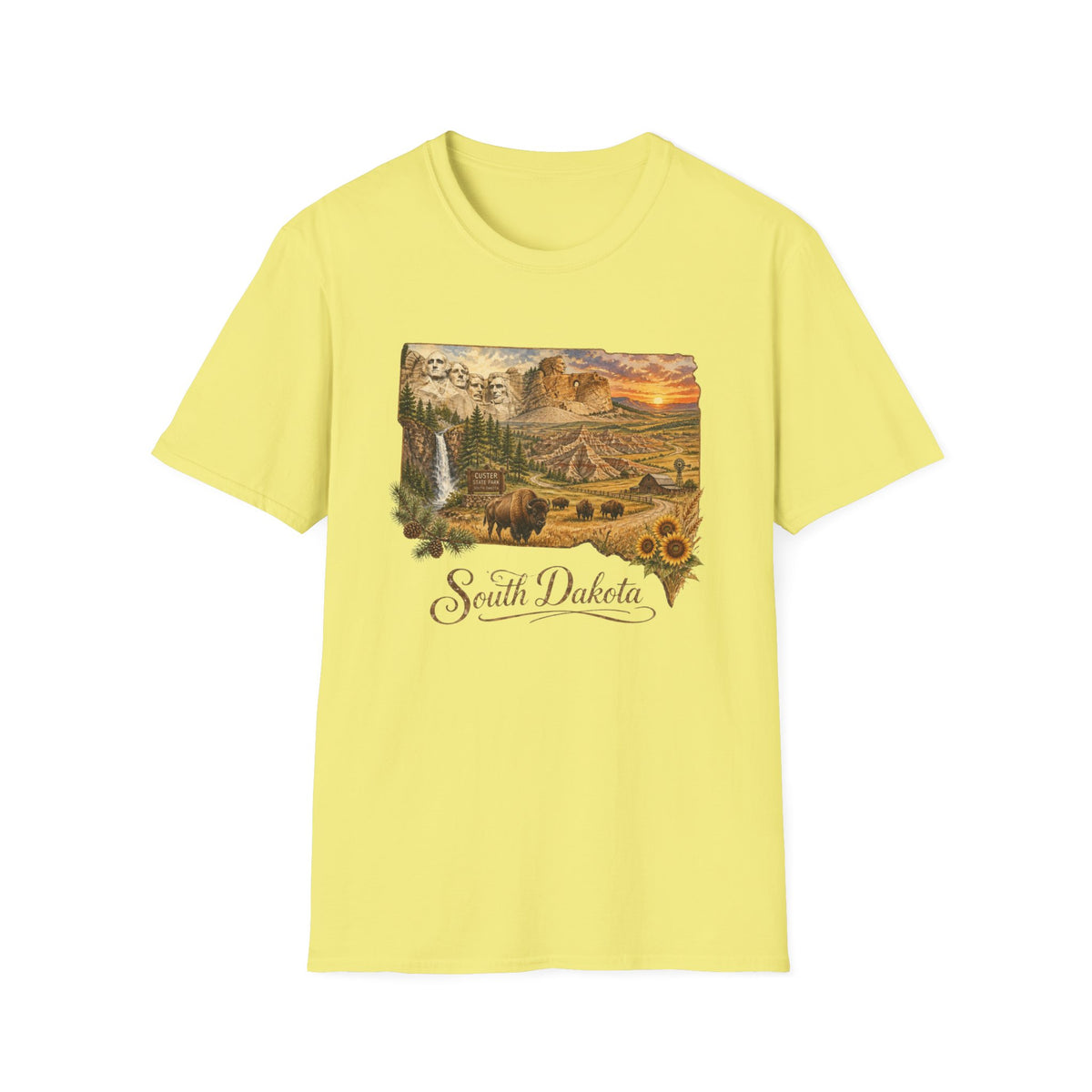 South Dakota Scenic T-Shirt — State Landscape Sunset Travel Tourist Graphic Design Unisex 100 Cotton Gildan T-Shirt