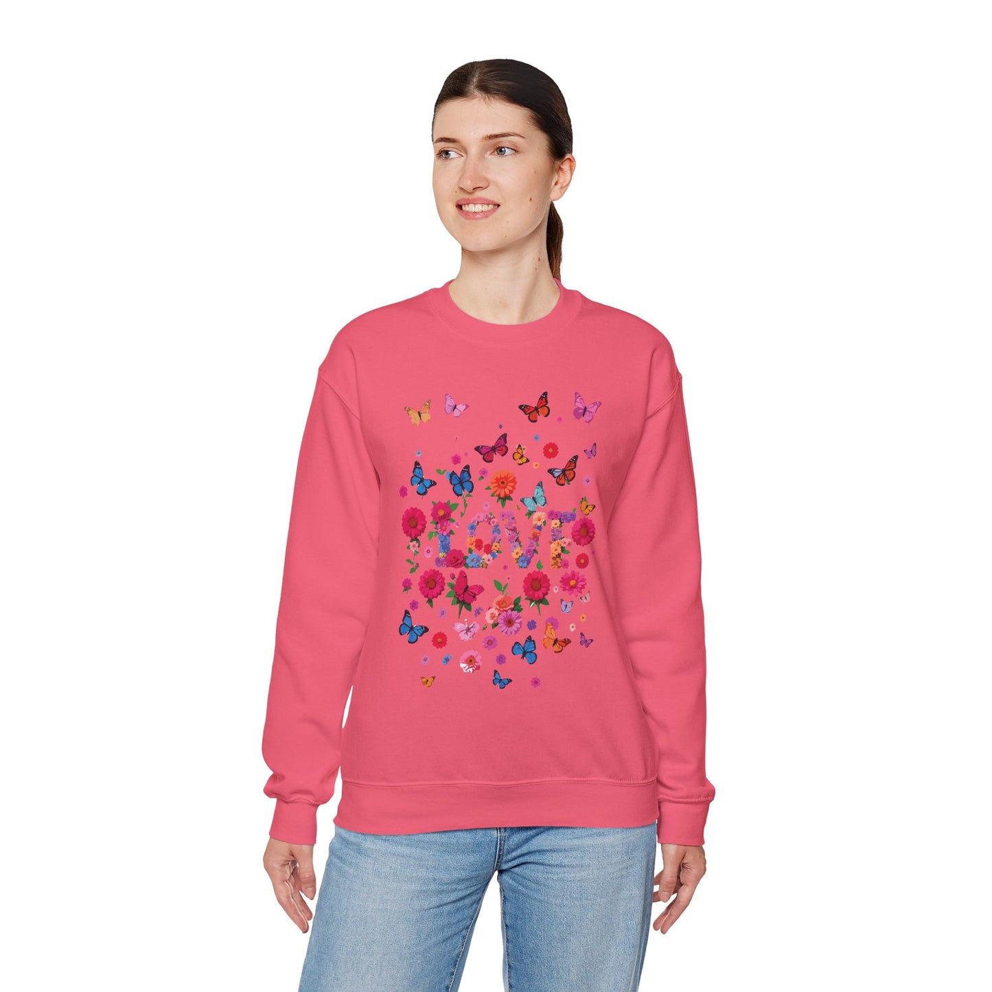 Unisex Floral Love Sweatshirt, Love Floral Sweatshirt, Floral Butterfly Sweatshirt, 50/50 Cotton-Poly Valentine's Day Sweatshirt 07