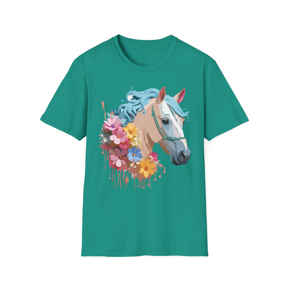 Floral Horse Illustration T-Shirt | Pastel Blue Mane, Watercolor Flowers