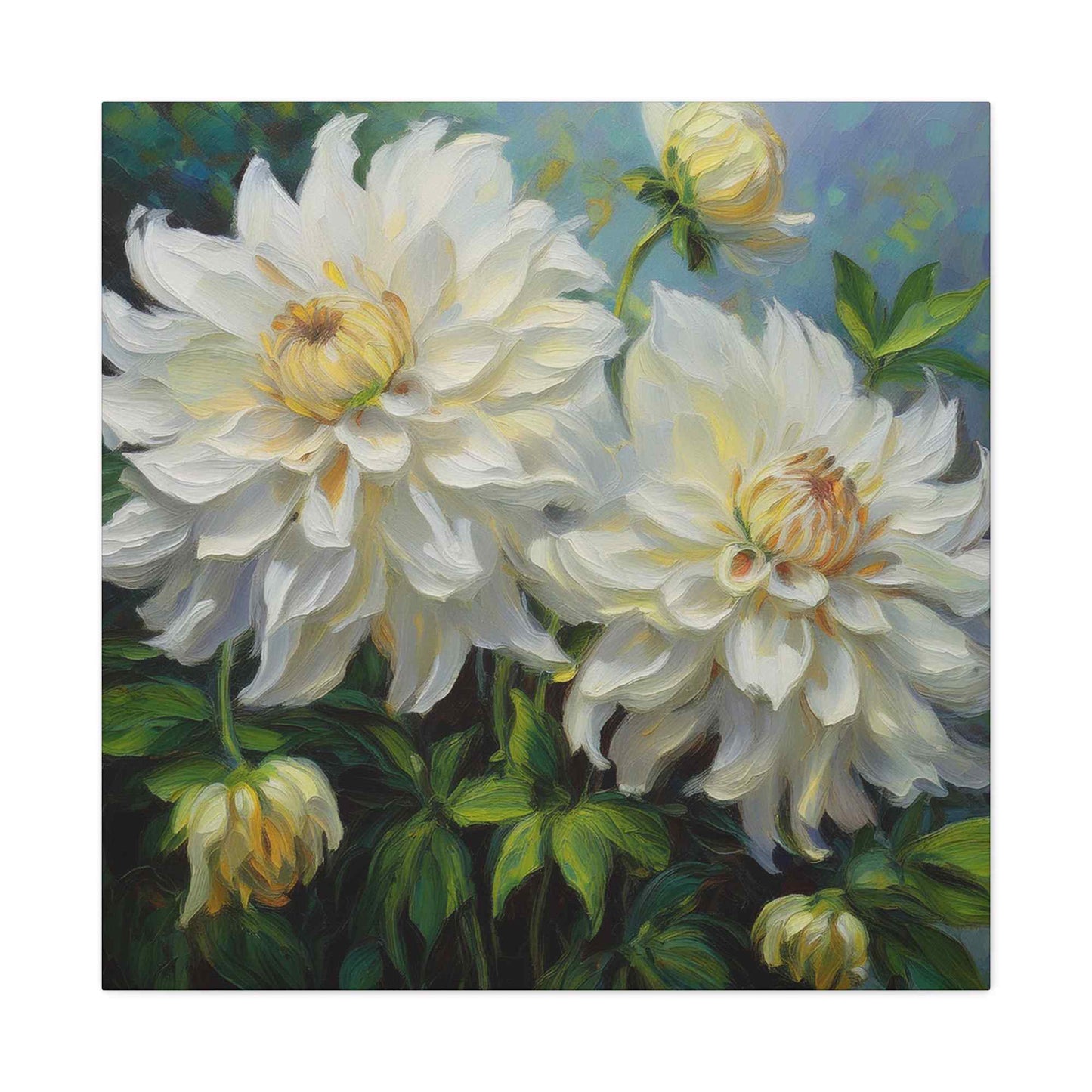 White Dahlias Print Canvas, Floral Oil Paint Print 20x20, 24x24, 30x30, 32x32, 36x36 Art Design Pine-Wood Inner Frame MC-170