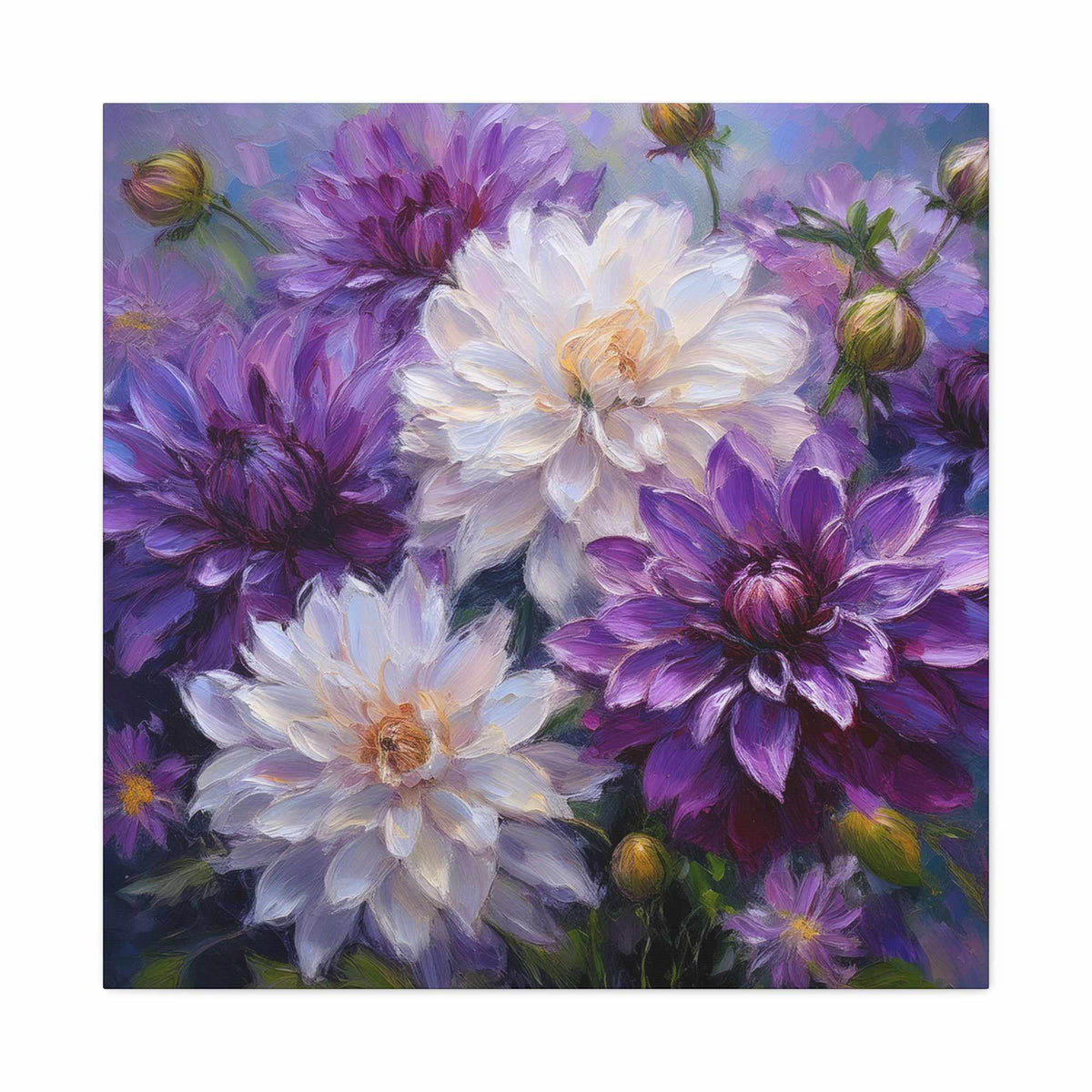 Dahlias Floral Print Canvas, Floral Oil Paint Print 20x20, 24x24, 30x30, 32x32, 36x36 Art Design Pine-Wood Inner Frame MC-171