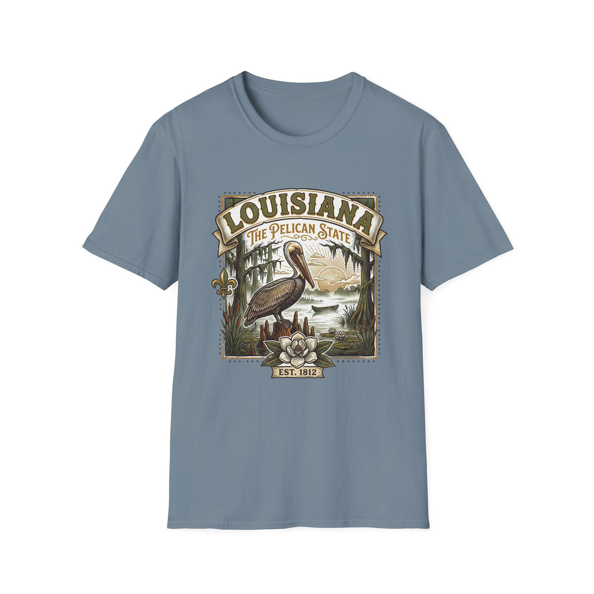 Louisiana Pelican State T-Shirt – Vintage Travel Tourist Graphic Design Unisex 100 Cotton Gildan T-Shirt