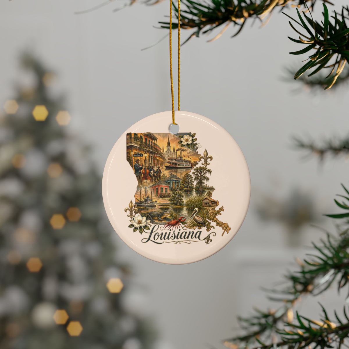 Louisiana Vintage State Collage Ornament Ceramic | Ceramic Ornament - 2.99" Includes Gold String