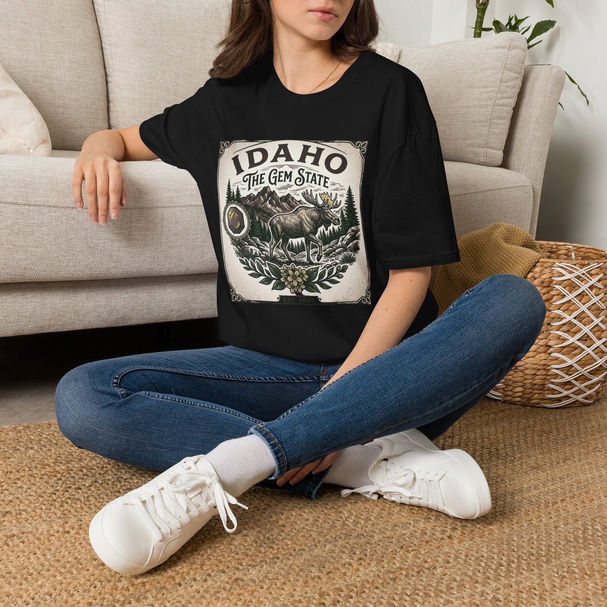 Idaho The Gem State Vintage Moose Travel Tourist Graphic Design Unisex 100 Cotton Gildan T-Shirt