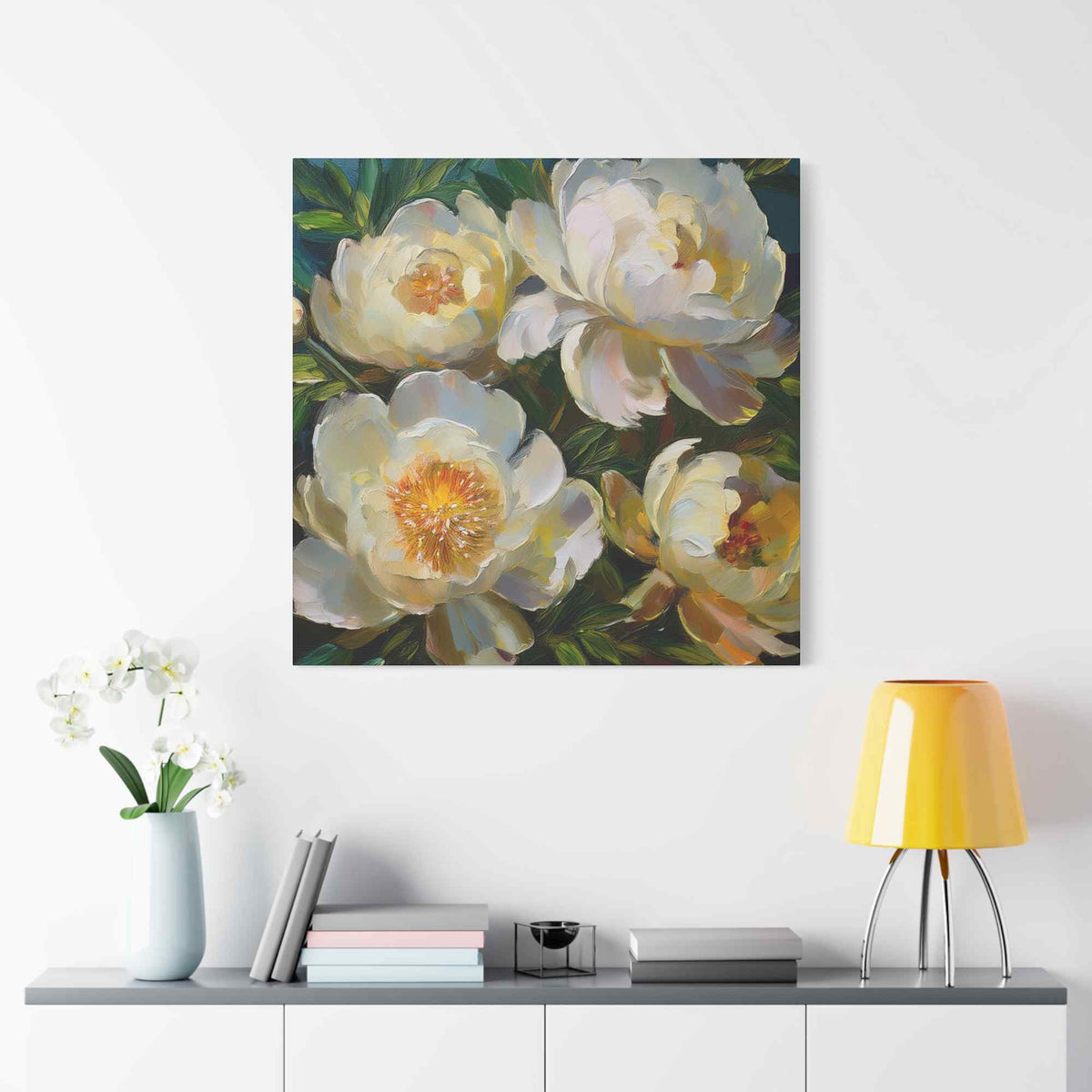 Cream Peonies Print Canvas, Floral Oil Paint Print 20x20, 24x24, 30x30, 32x32, 36x36 Art Design Pine-Wood Inner Frame MC-124