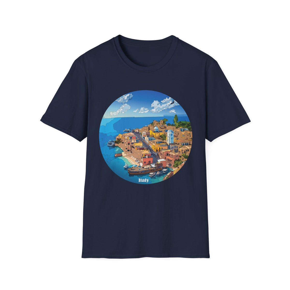 Italy Mediterranean Coastal Village Illustration T-Shirt | Seaside Landscape Tee