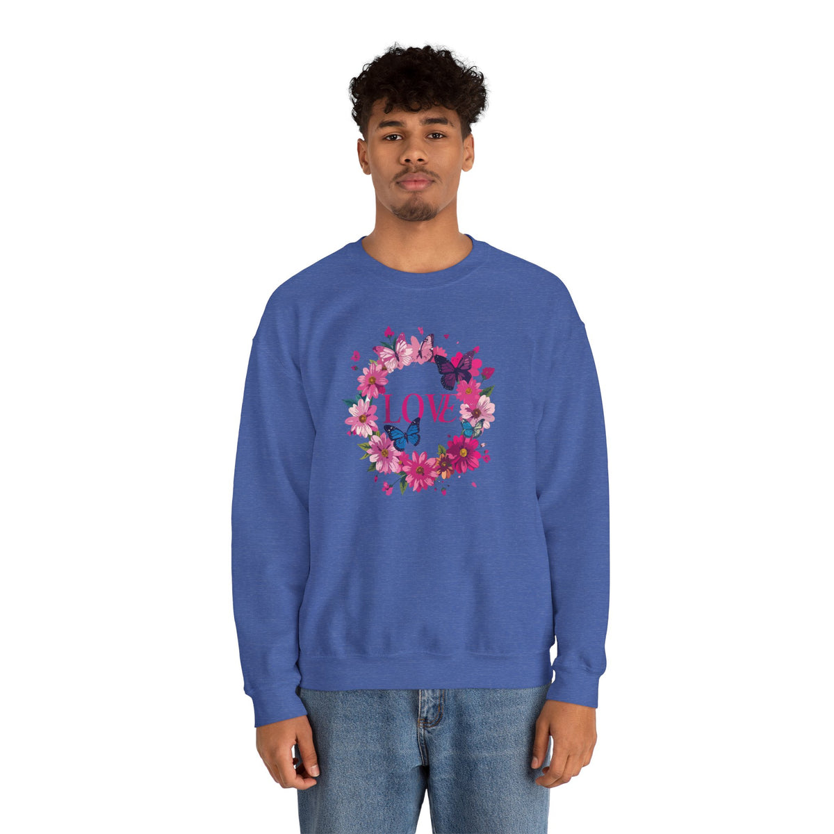 Unisex Floral Love Sweatshirt, Love Floral Sweatshirt, Floral Butterfly Sweatshirt, 50/50 Cotton-Poly Valentine's Day Sweatshirt 04