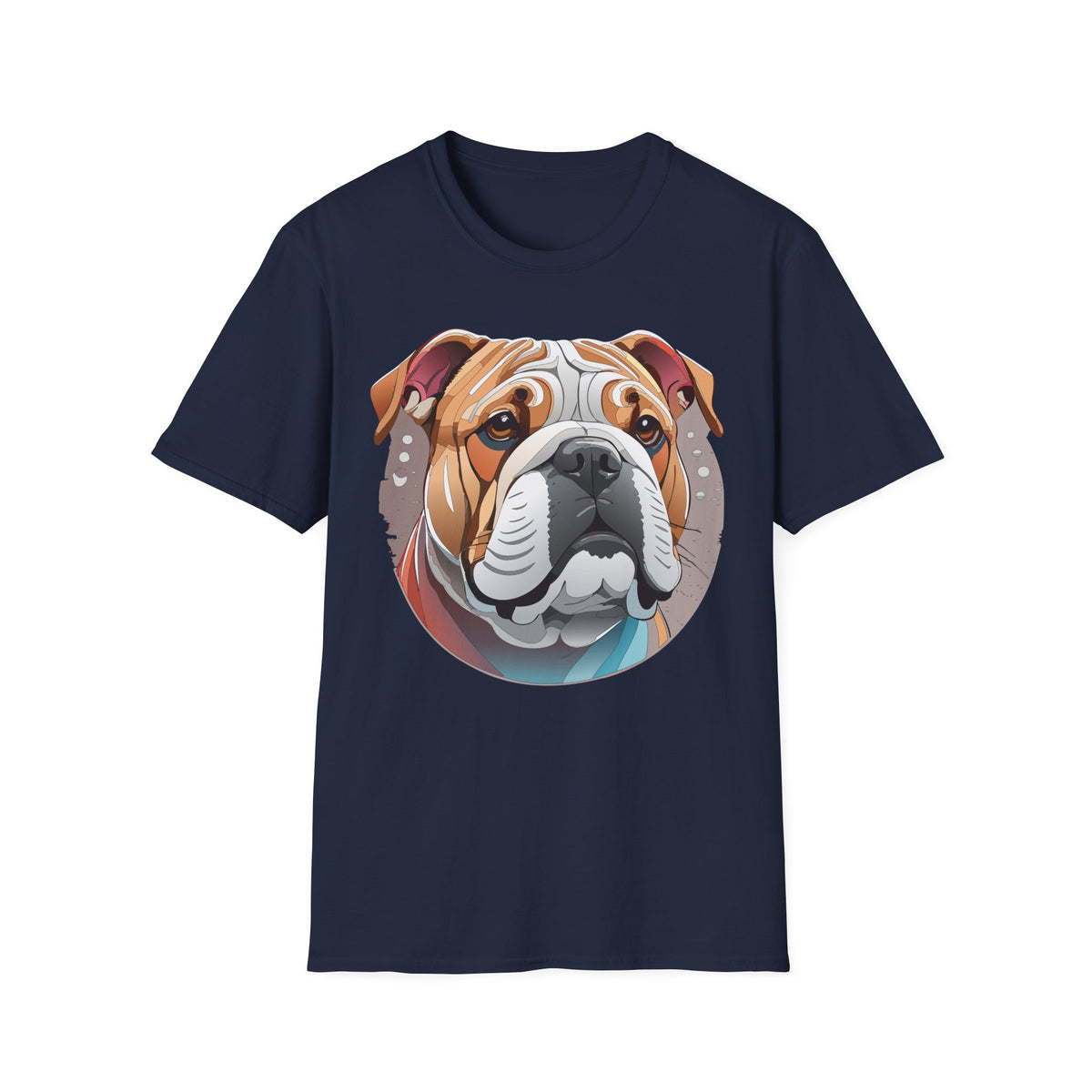 Bulldog Graphic T-Shirt — Colorful English Bulldog Portrait Graphic Design Unisex 100 Cotton Gildan T-Shirt