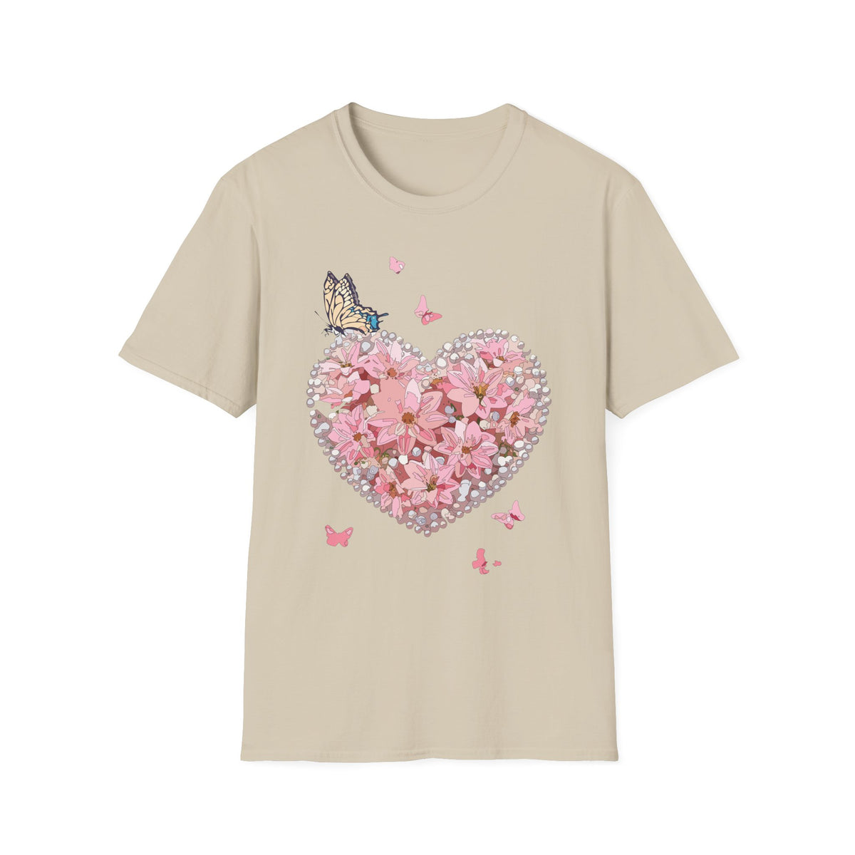 Pink Floral Heart with Butterfly T-Shirt | Spring Floral Graphic Tee Unisex 100 Cotton Gildan T-Shirt