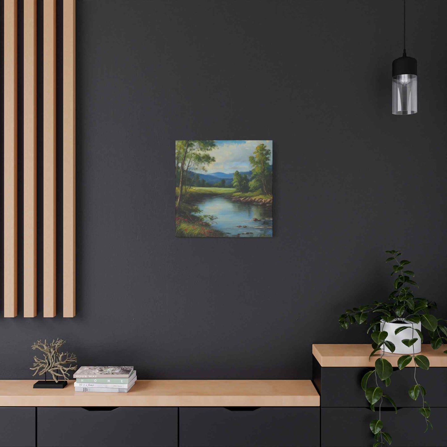 River Print Canvas, Landscape Oil Paint Print 20x20, 24x24, 30x30, 32x32, 36x36 Art Design Print Pine-Wood Inner Frame MC-53