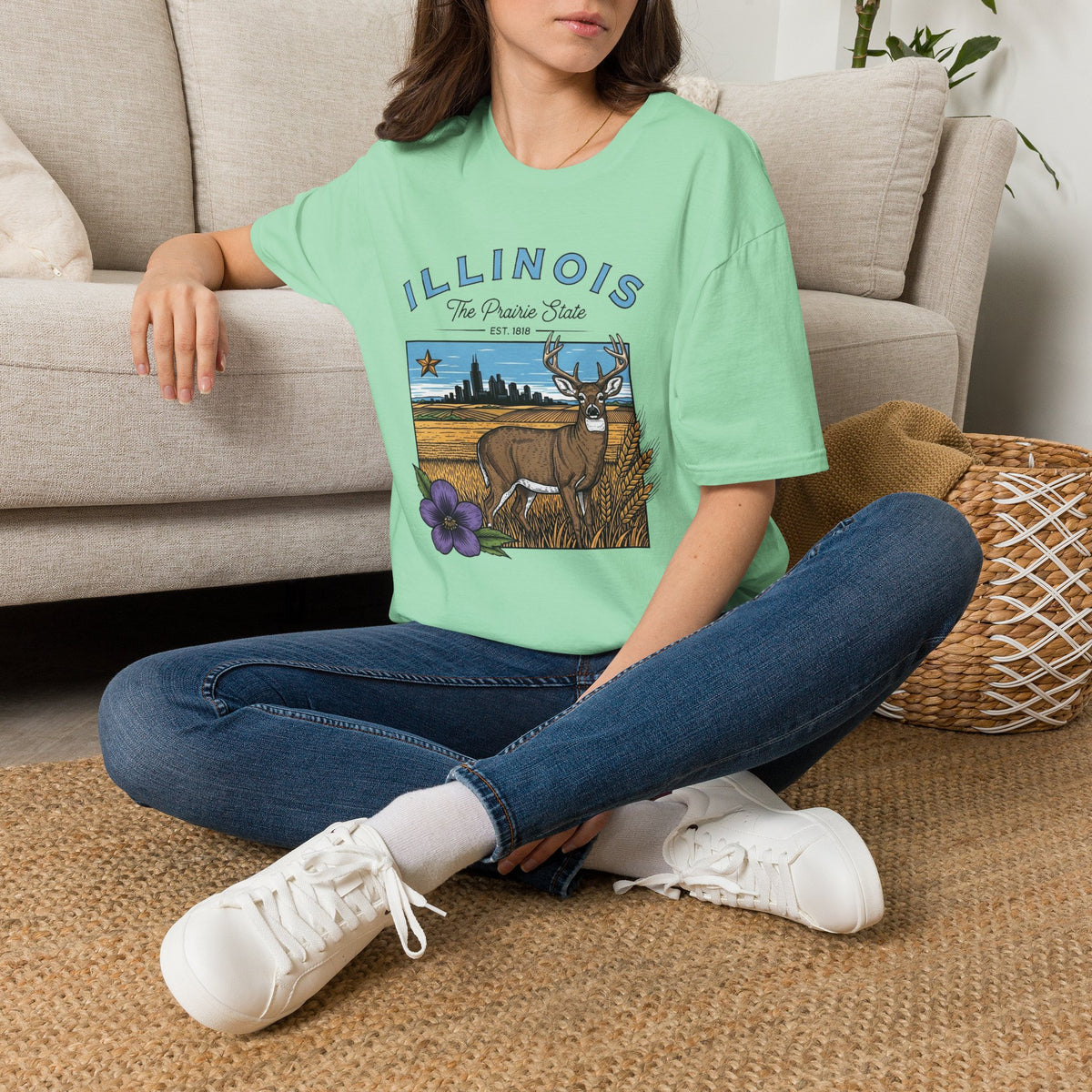 Illinois Deer State T-Shirt — The Prairie State Travel Tourist Graphic Design Unisex 100 Cotton Gildan T-Shirt