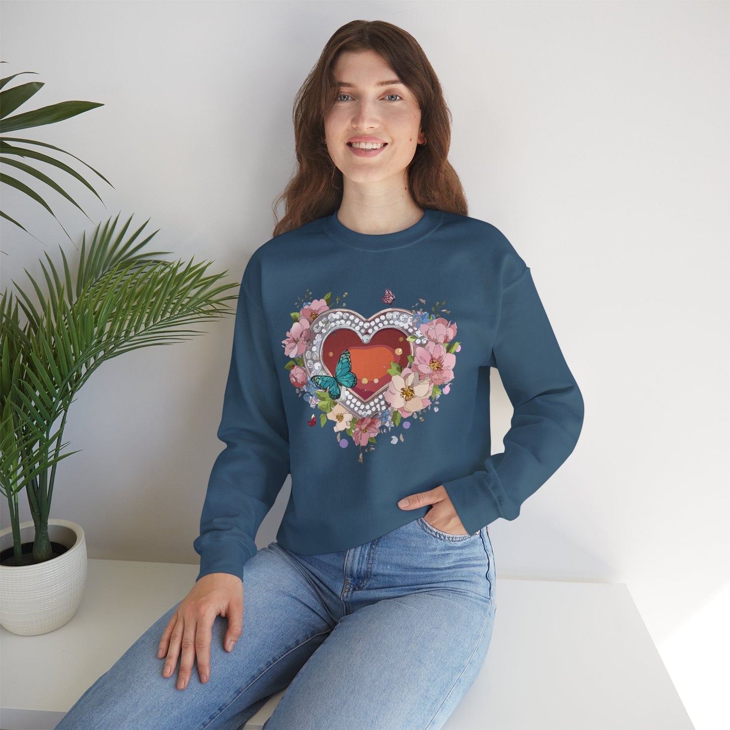 Floral Heart Sweatshirt Unisex Valentines Day Edition Gildan 18000 Heavy Blend Crewneck