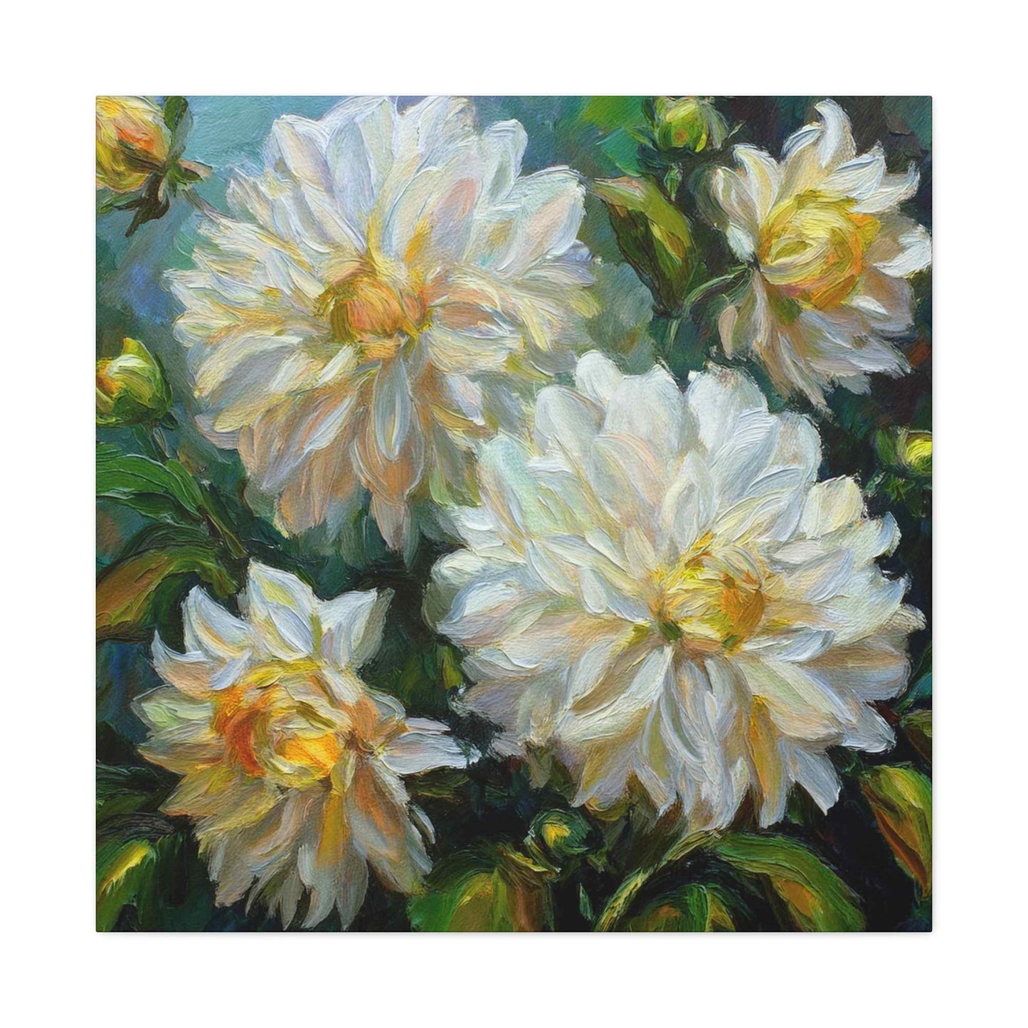 White Dahlias Print Canvas, Floral Oil Paint Print 20x20, 24x24, 30x30, 32x32, 36x36 Art Design Pine-Wood Inner Frame MC-169