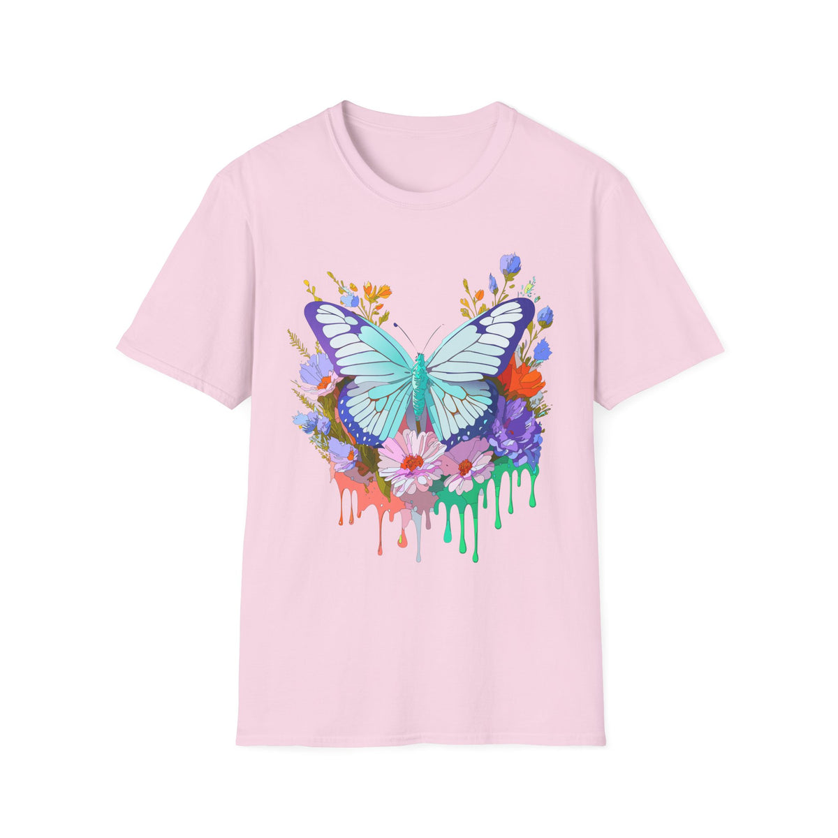 Butterfly Floral Drip T-Shirt — Teal Butterfly with Watercolor Flowers Graphic Tee Unisex 100 Cotton Gildan T-Shirt