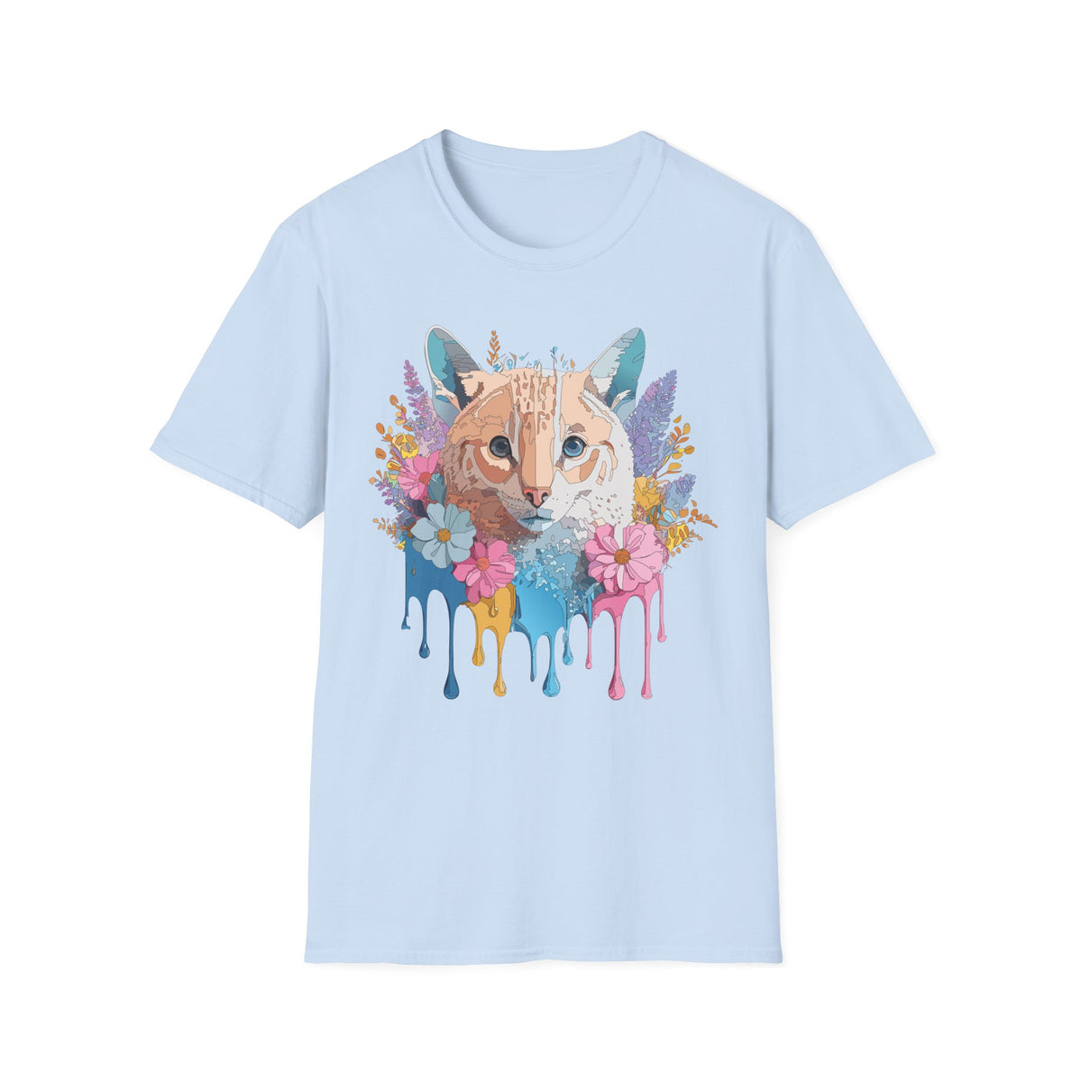 Watercolor Cat Face T-Shirt | Floral Drip Art, Colorful Kitty Tee