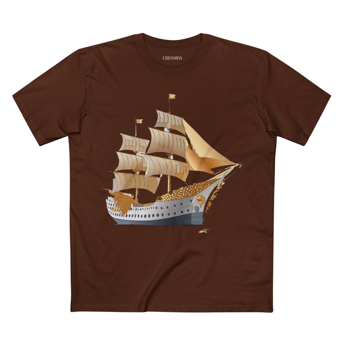 Ship Graphic Unisex 100 Cotton T-Shirt with Gold Frigate Art Design 25