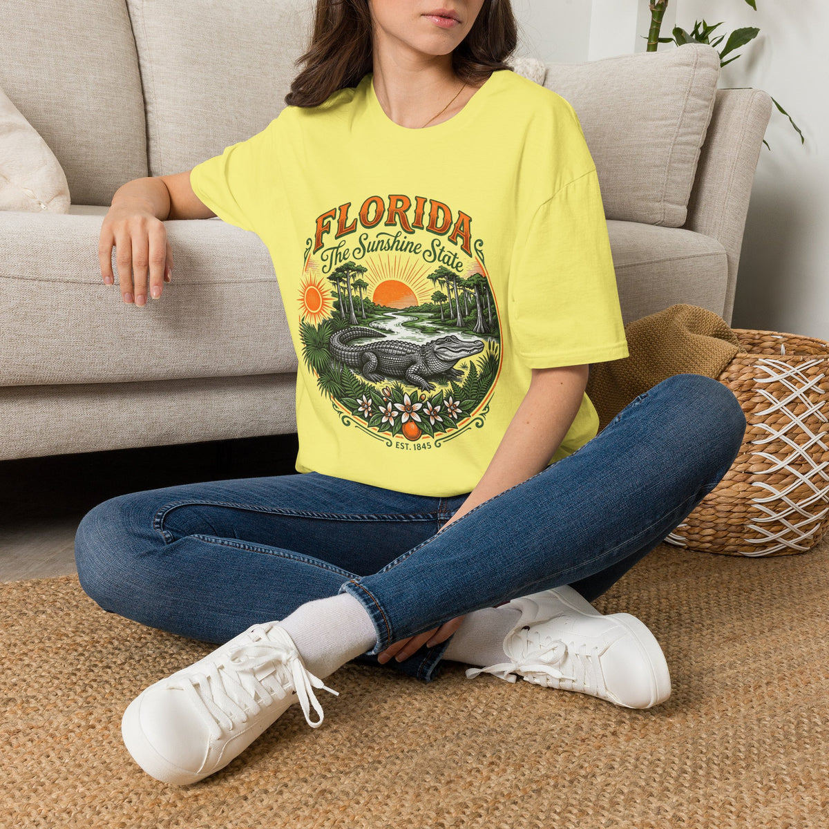 Florida The Sunshine State T-Shirt — Vintage Alligator Sunset Travel Tourist Graphic Design Unisex 100 Cotton Gildan T-Shirt