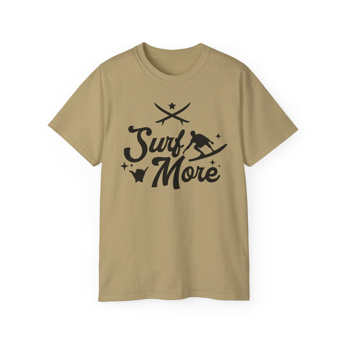 Surf More surfboard graphic Tee | surfer silhouette, waves, retro script