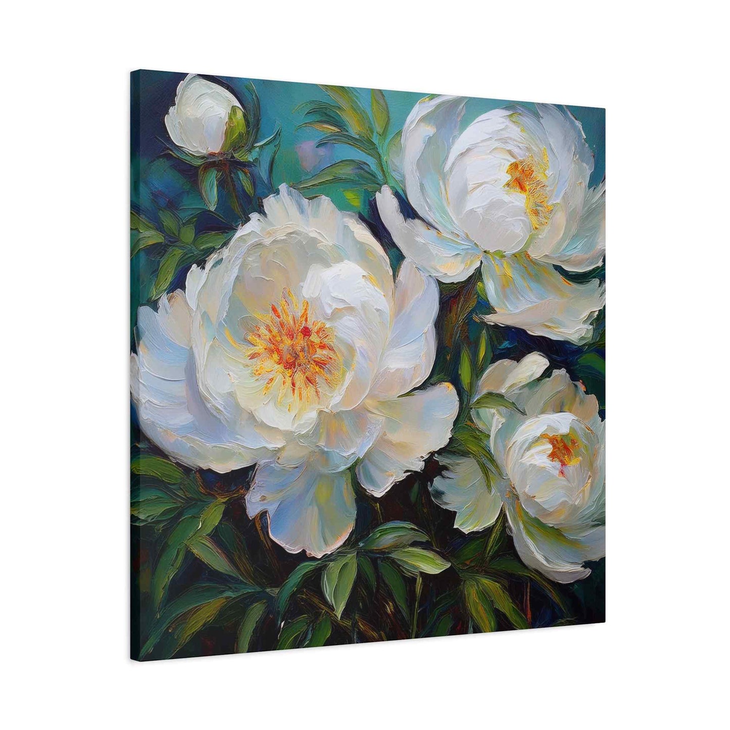 White Peonies Print Canvas, Floral Oil Paint Print 20x20, 24x24, 30x30, 32x32, 36x36 Art Design Pine-Wood Inner Frame MC-119