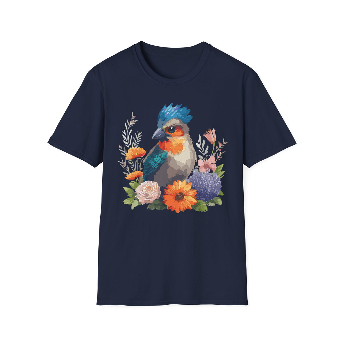 Colorful Crested Bird T-Shirt | Watercolor Floral Illustration
