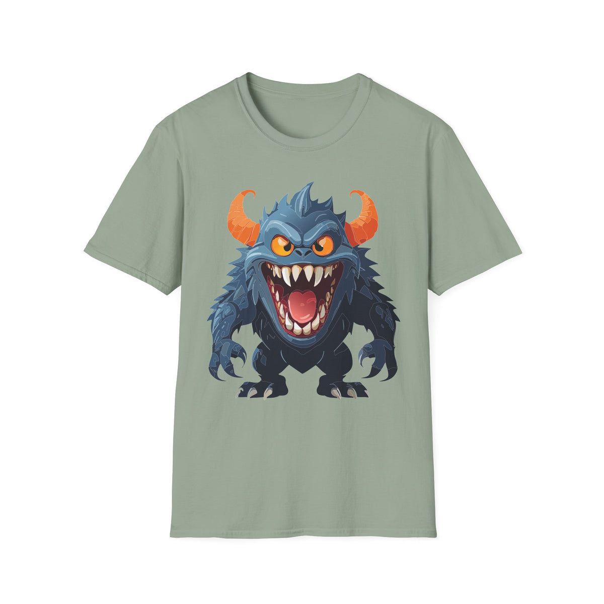 Monster Graphic T-Shirt — Fierce Blue Horned Creature Cartoon Graphic Tee Unisex 100 Cotton Gildan T-Shirt