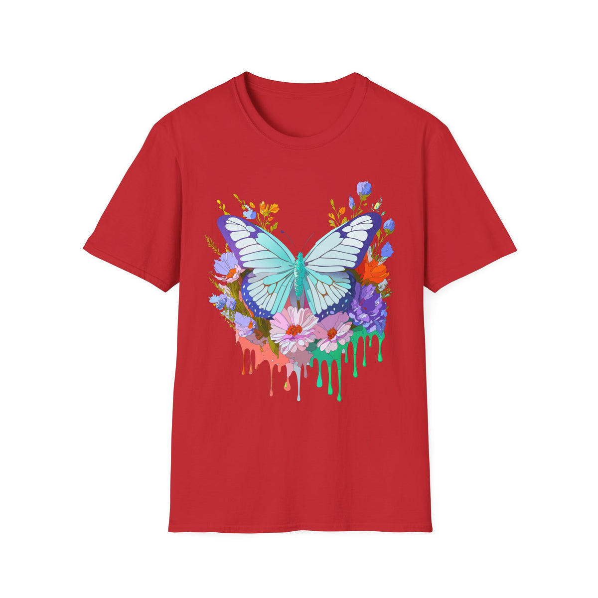Butterfly Floral Drip T-Shirt — Teal Butterfly with Watercolor Flowers Graphic Tee Unisex 100 Cotton Gildan T-Shirt