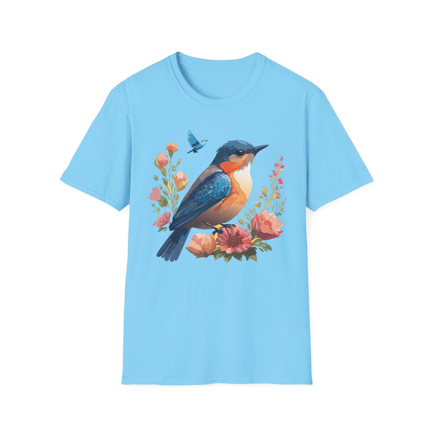 Bluebird Floral T-Shirt Colorful Bird Flowers Tee Unisex Cotton Short Sleeves Tee Shirt with Bird 9