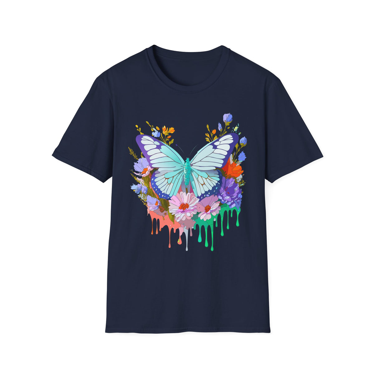 Butterfly Floral Drip T-Shirt — Teal Butterfly with Watercolor Flowers Graphic Tee Unisex 100 Cotton Gildan T-Shirt
