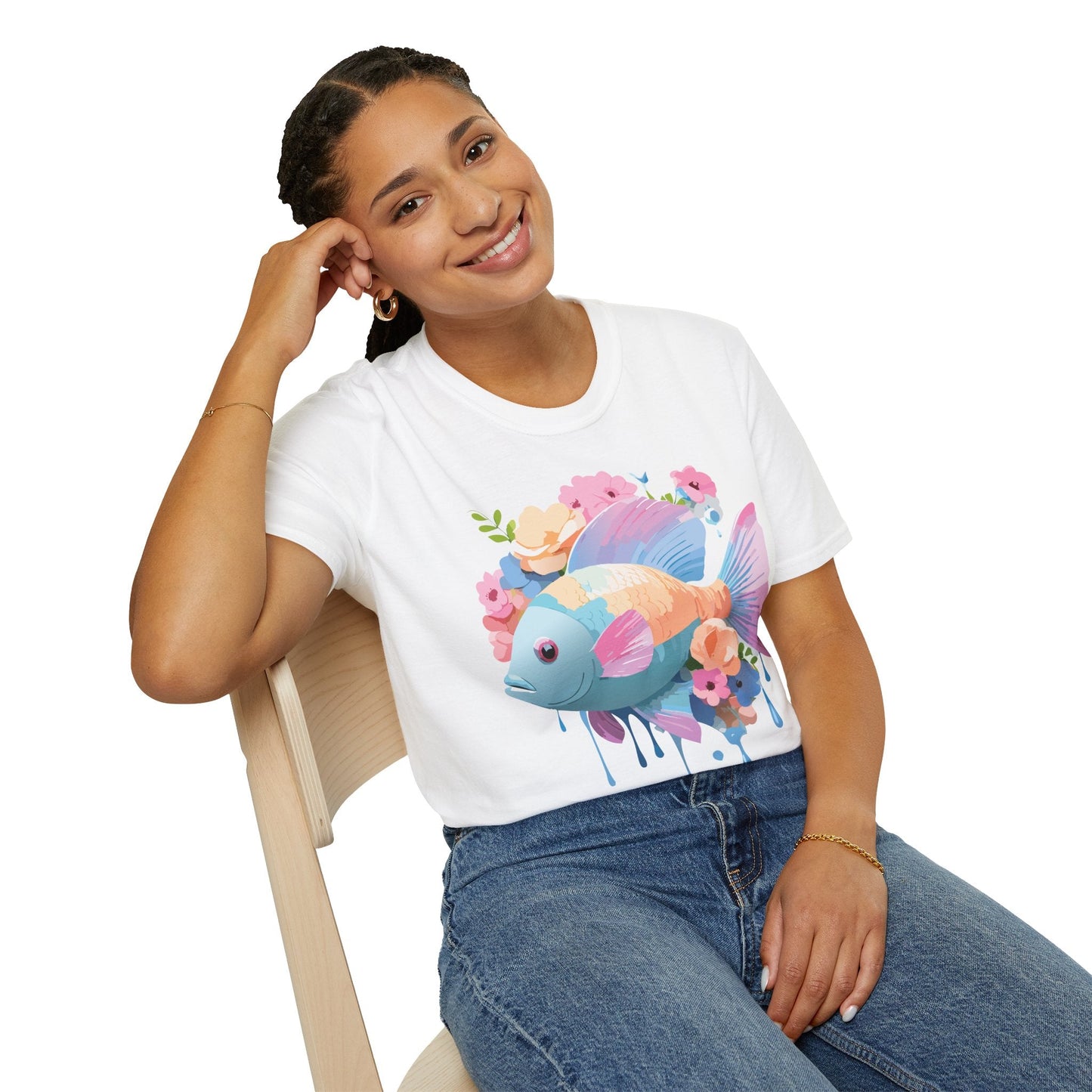 Fish Art Design Graphic Tee Unisex Short Sleeve T Shirt With Fish Artwork Premium Cotton