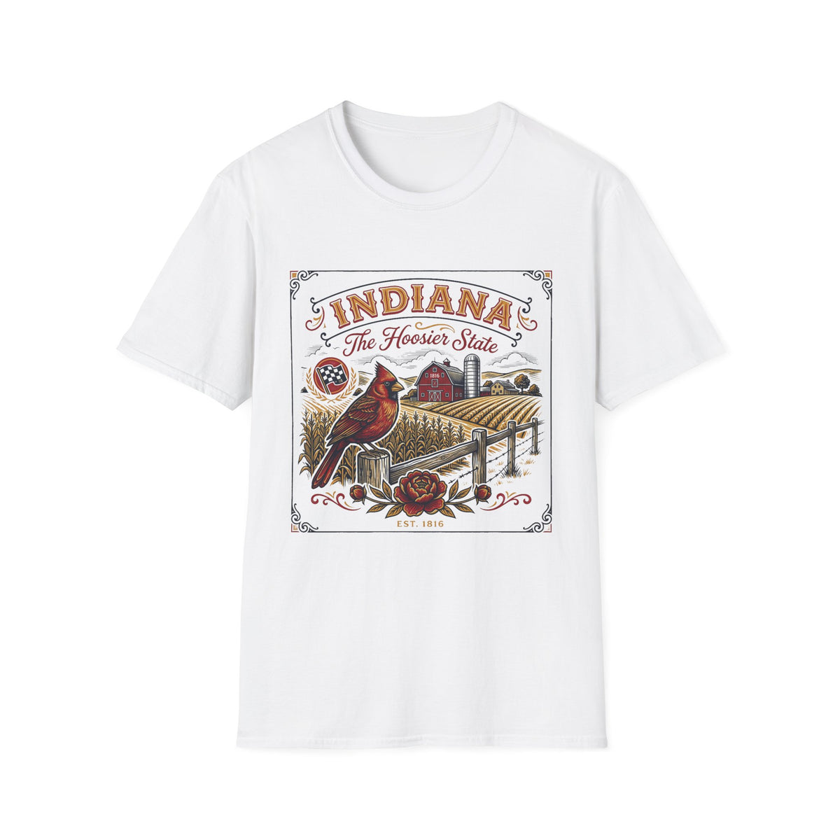 Indiana The Hoosier State T-Shirt — Cardinal Bird Farm Vintage Travel Tourist Graphic Design Unisex 100 Cotton Gildan T-Shirt