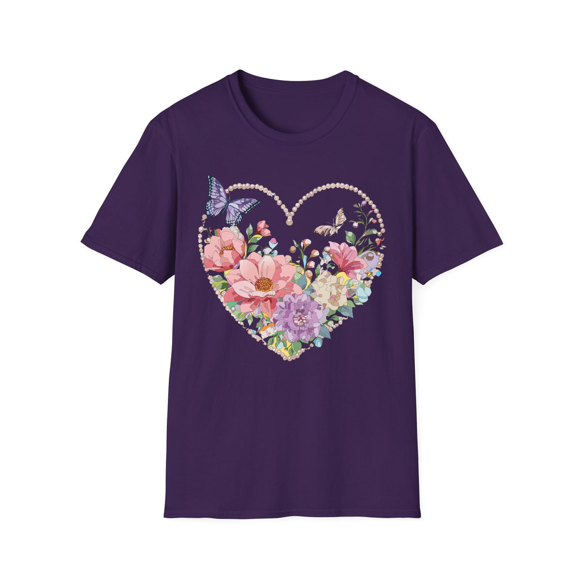Floral Heart with Butterflies T-Shirt | Romantic Spring Garden Graphic Tee Unisex 100 Cotton Gildan T-Shirt