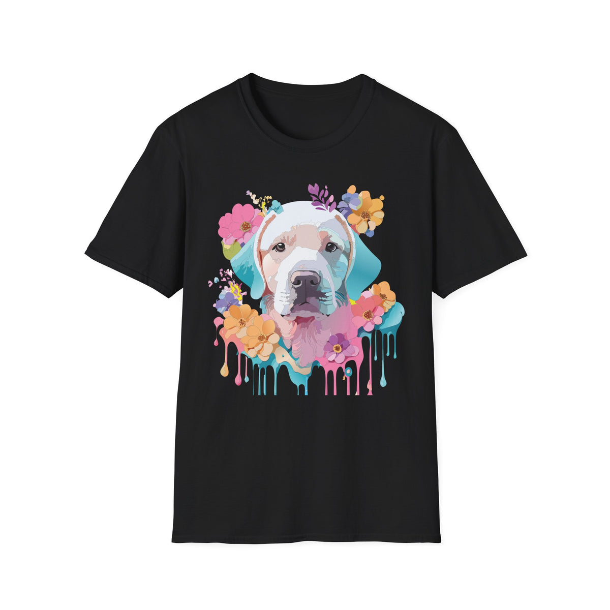 Colorful Pitbull Portrait T-Shirt | Floral Dog Art, Watercolor Drip