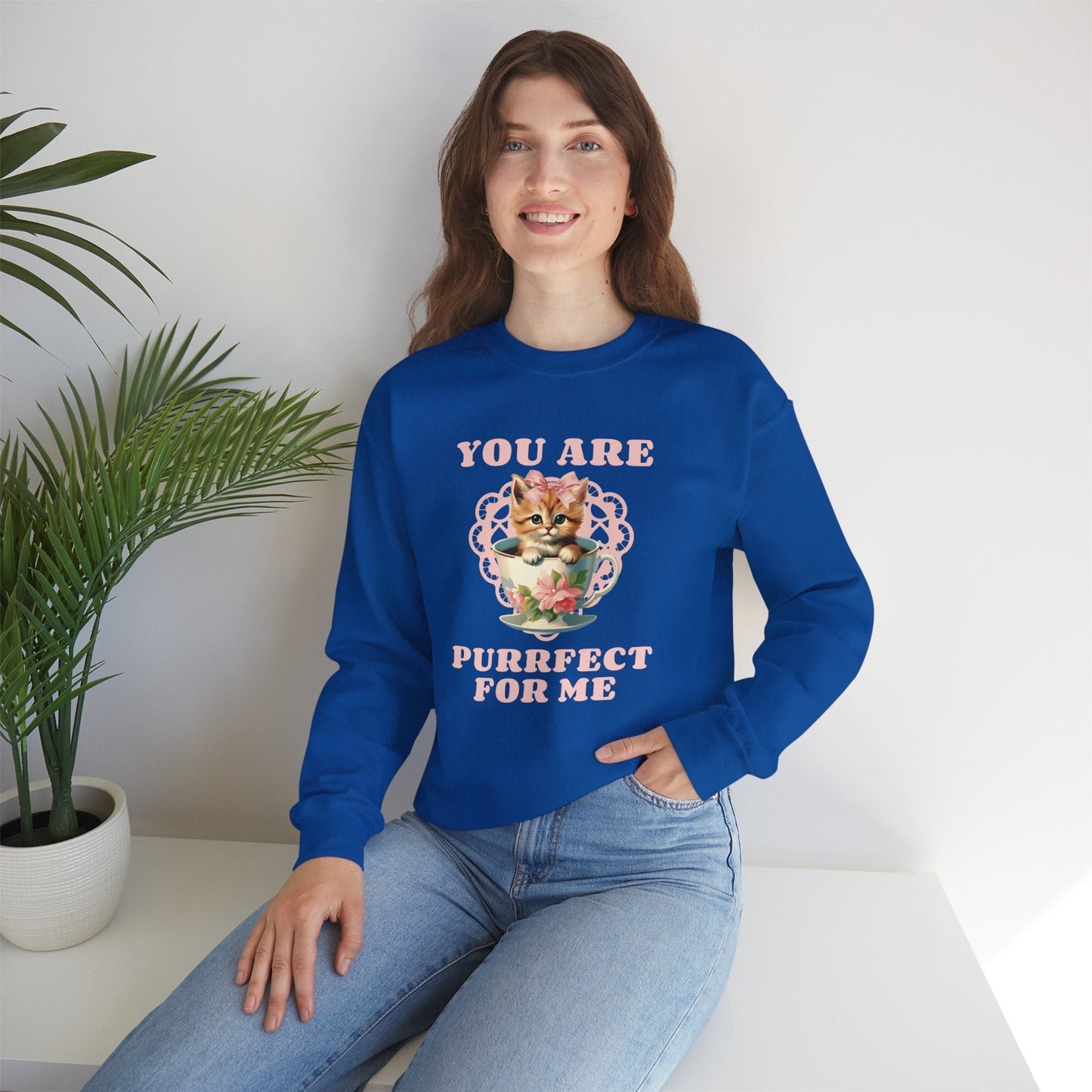 Cat Sweatshirt With Heart Print Valentines Day Unisex 50 50 Cotton Poly Crewneck