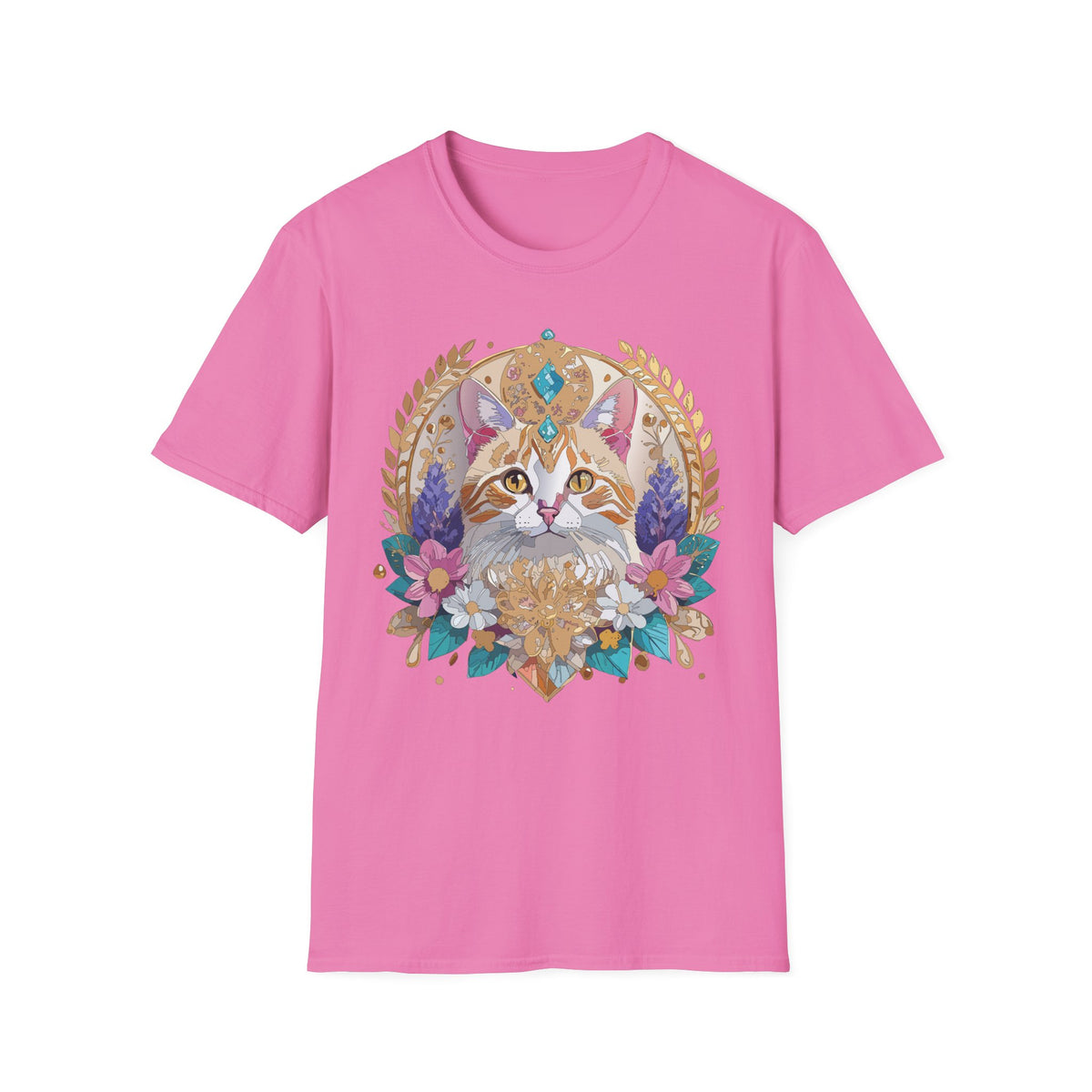 Regal Cat Mandala T-Shirt | Boho Kitty Illustration, Floral Crescent