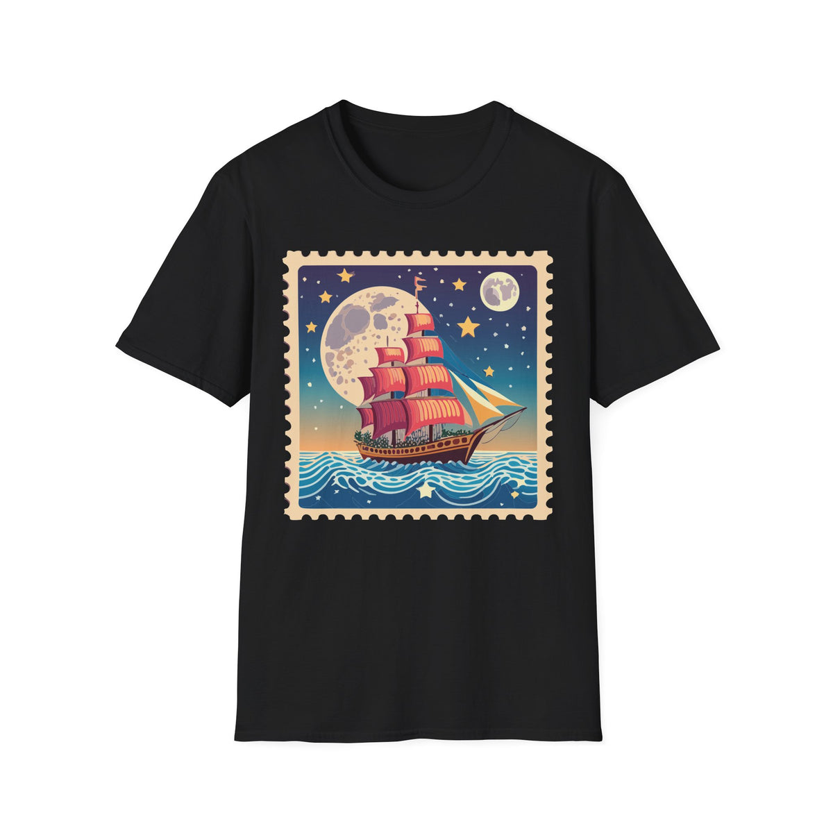 Vintage Sailing Ship Moon Poster T-Shirt | Nautical Ship Illustration