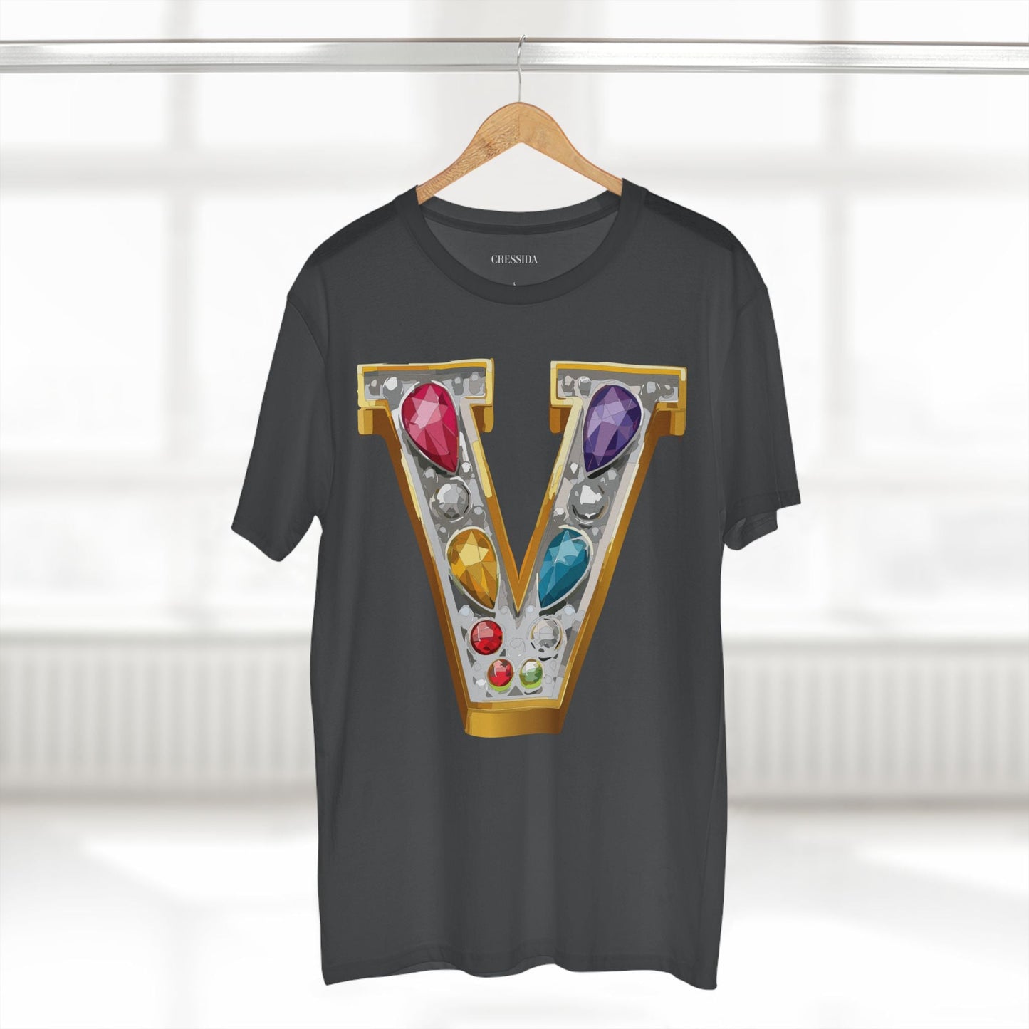 Letter V Graphic Design Tee Unisex 100 Cotton With Antique Gold Letters Artwork T-Shirt