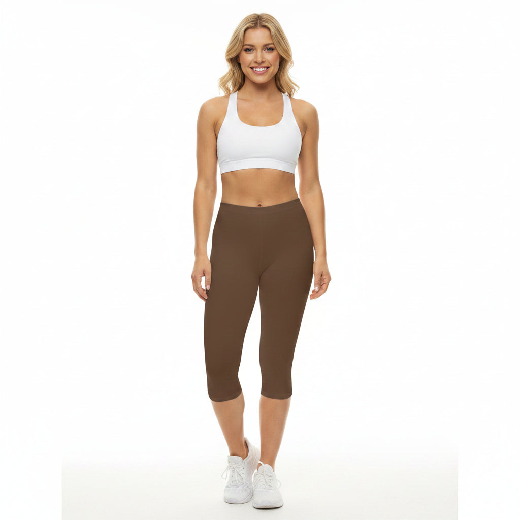 Coffee Bean Color Women's Brushed Suede Poly Span Casual Capri Leggings XS-2XL