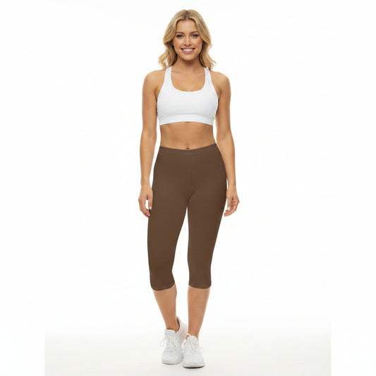 Coffee Bean Color Women's Brushed Suede Poly Span Casual Capri Leggings XS-2XL