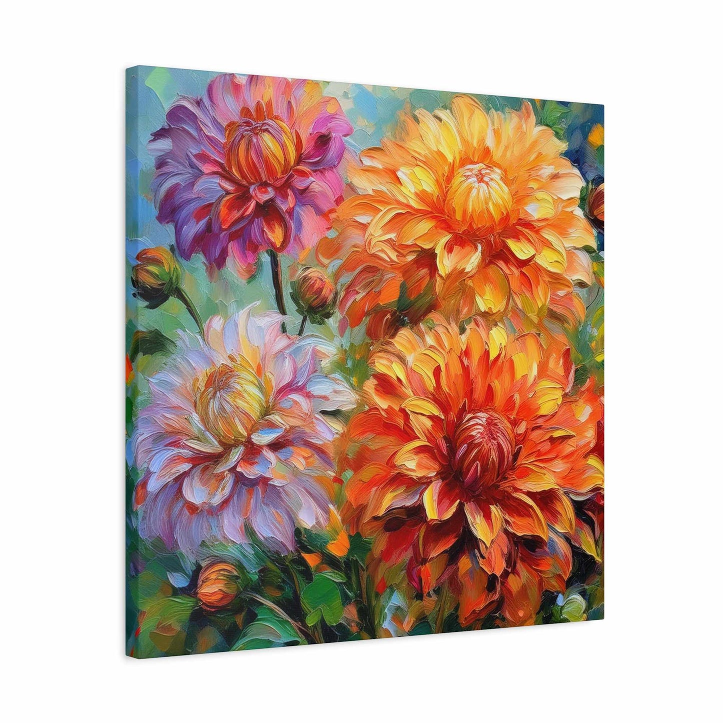 Dahlias Floral Print Canvas, Floral Oil Paint Print 20x20, 24x24, 30x30, 32x32, 36x36 Art Design Pine-Wood Inner Frame MC-166