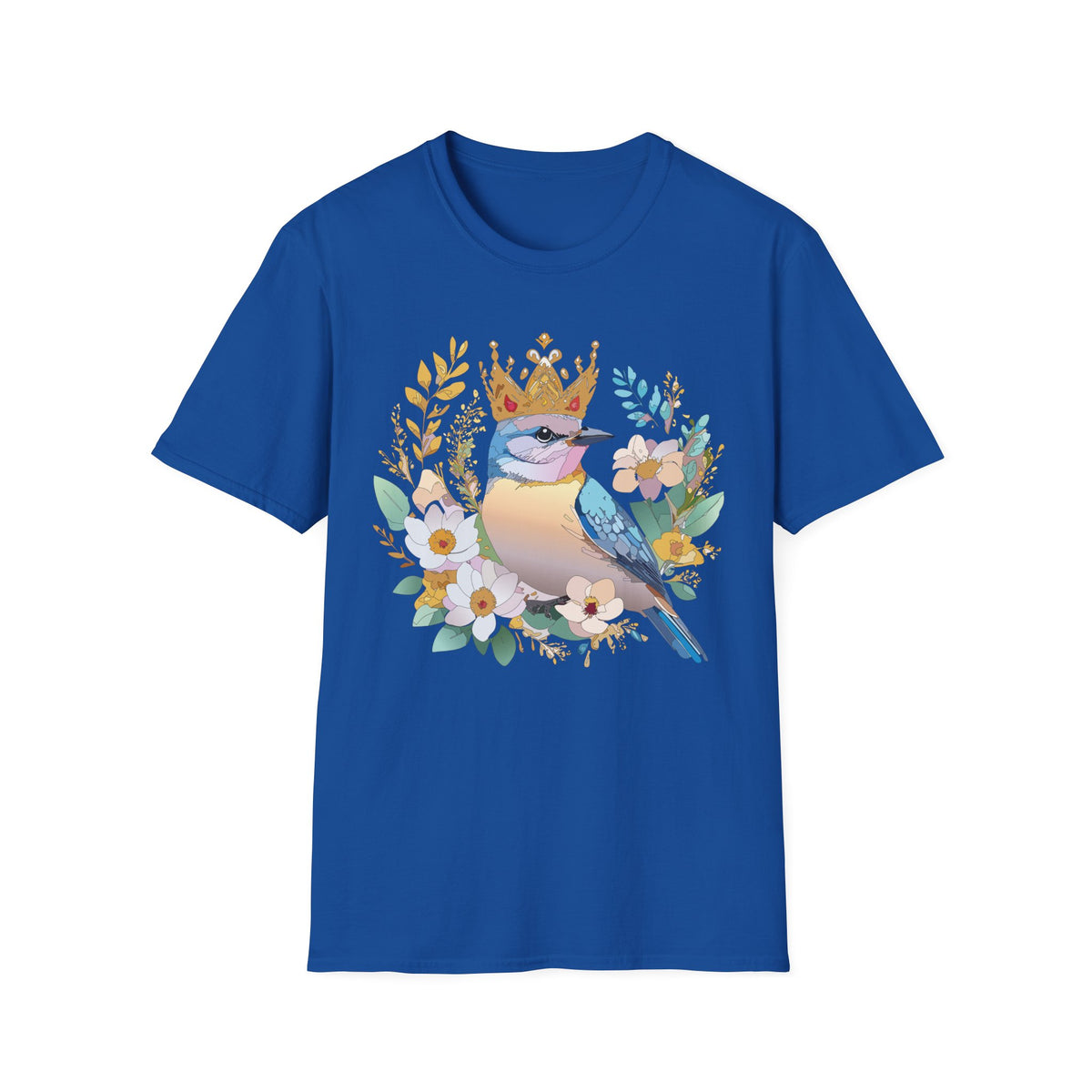 Crowned Bluebird Illustration T-Shirt | Floral Bird Crown Design