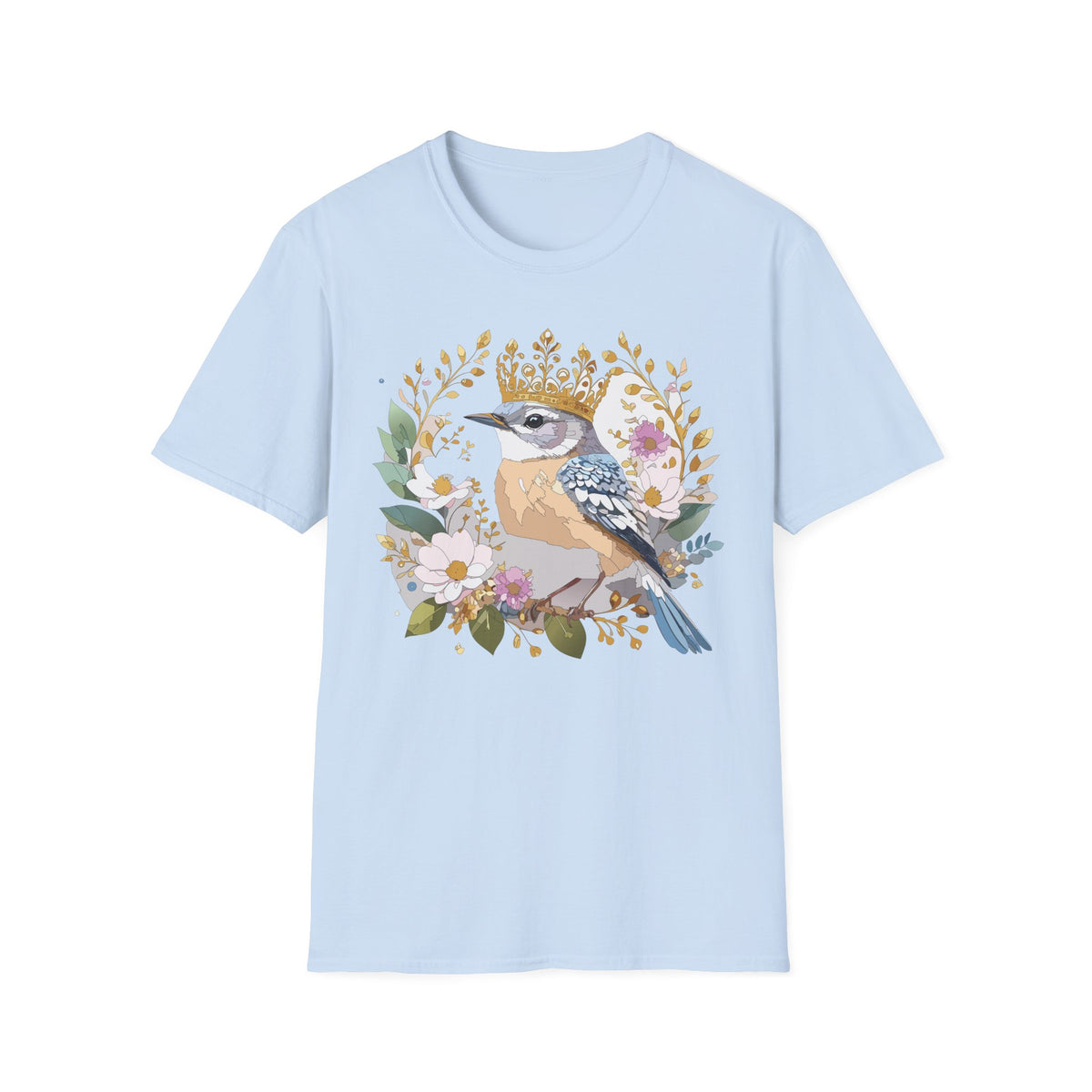 Blue Jay with Floral Wreath and Crown T-Shirt | Bird Illustration