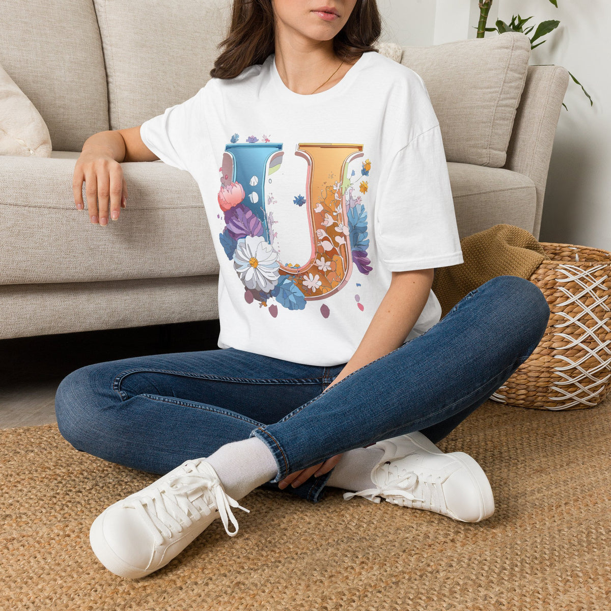 Floral Letter U T-Shirt | Botanical Initial Tee, Monogram Graphic