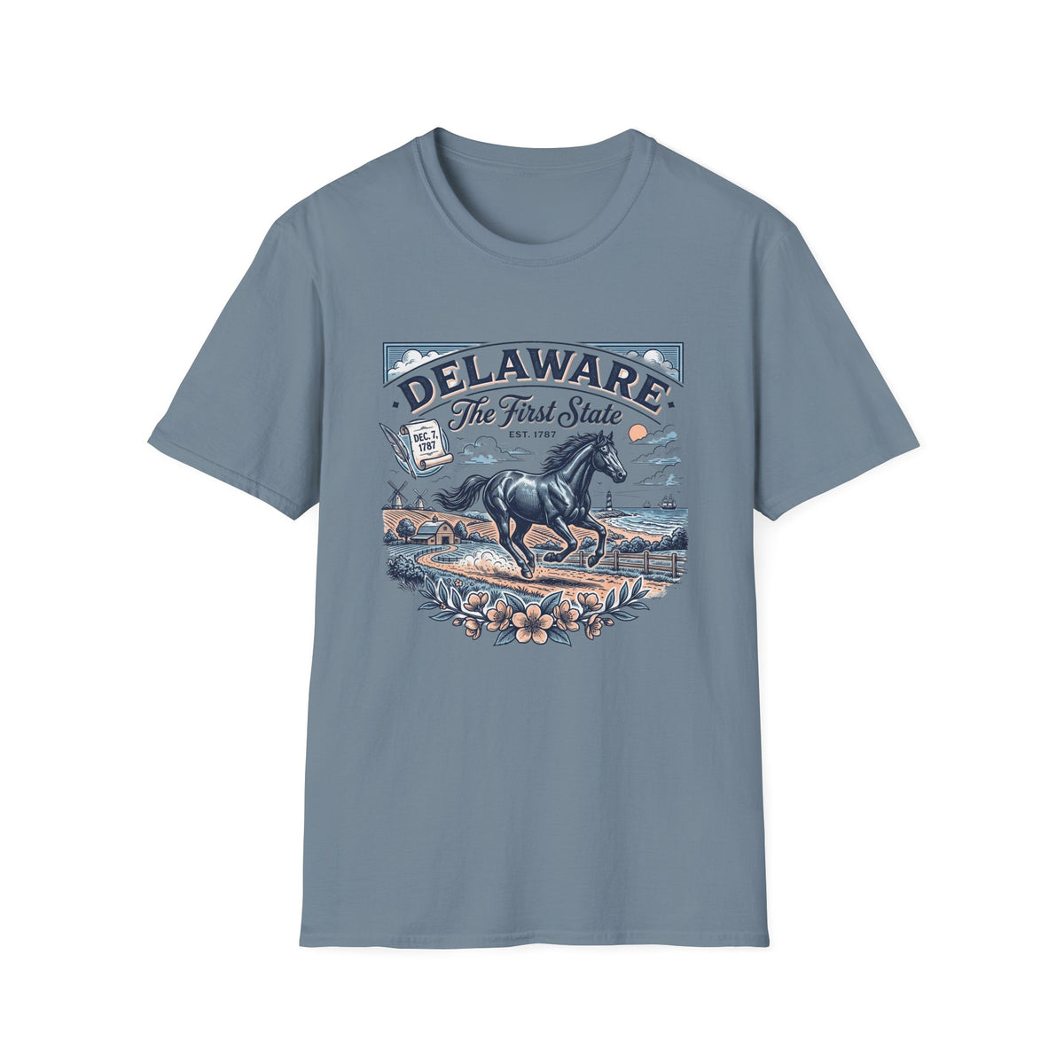 Delaware The First State Horse Travel Tourist Graphic Tee Unisex 100 Cotton Gildan T-Shirt