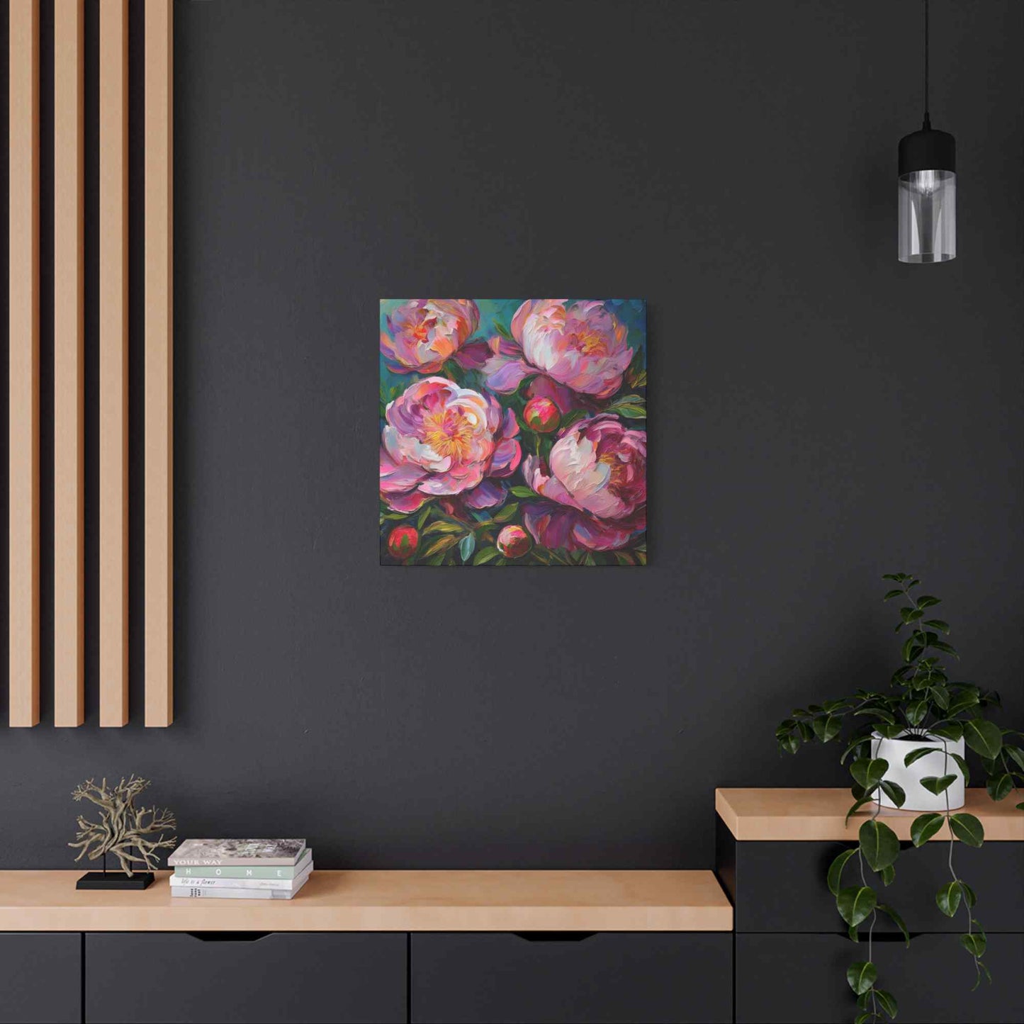 Pink Peonies Print Canvas, Floral Oil Paint Print 20x20, 24x24, 30x30, 32x32, 36x36 Art Design Pine-Wood Inner Frame MC-114