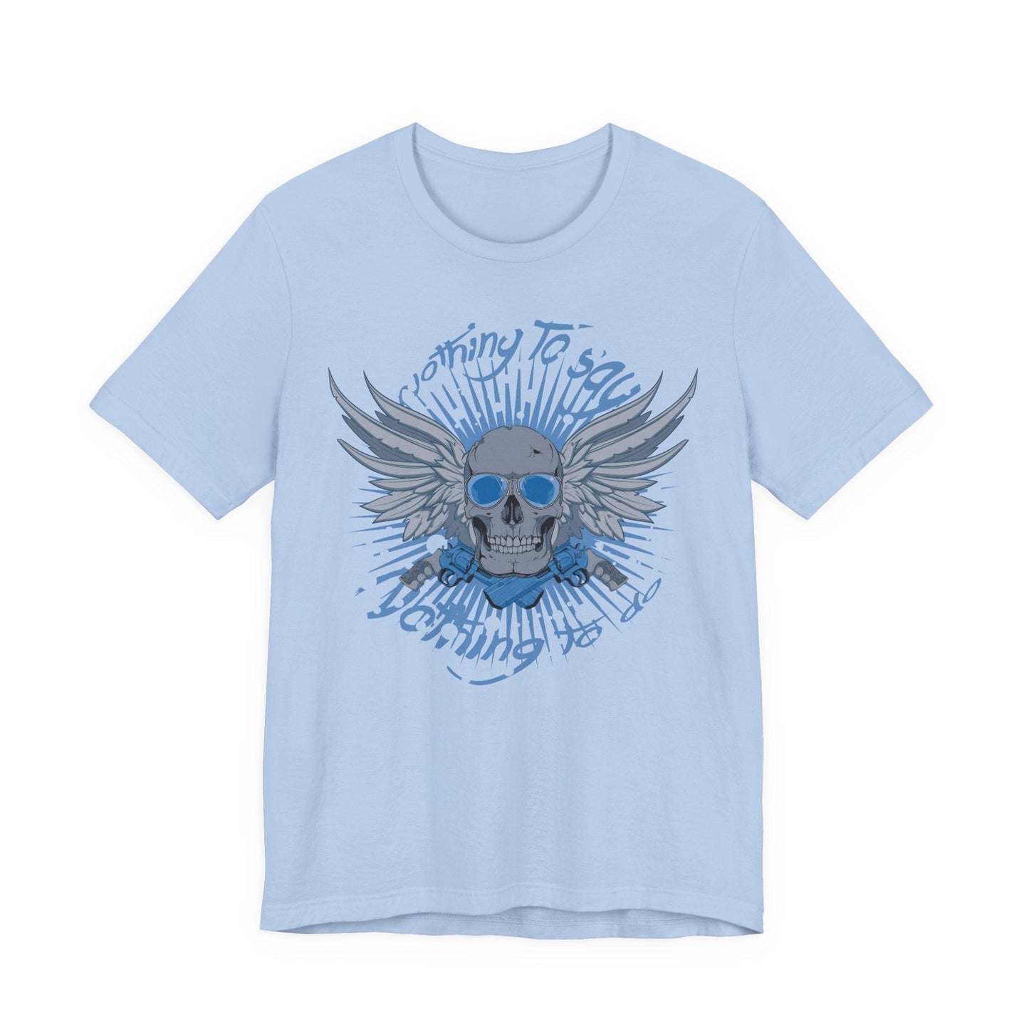 Winged Skull Graphic Tee | Blue Skull with Wings, Radiant Burst