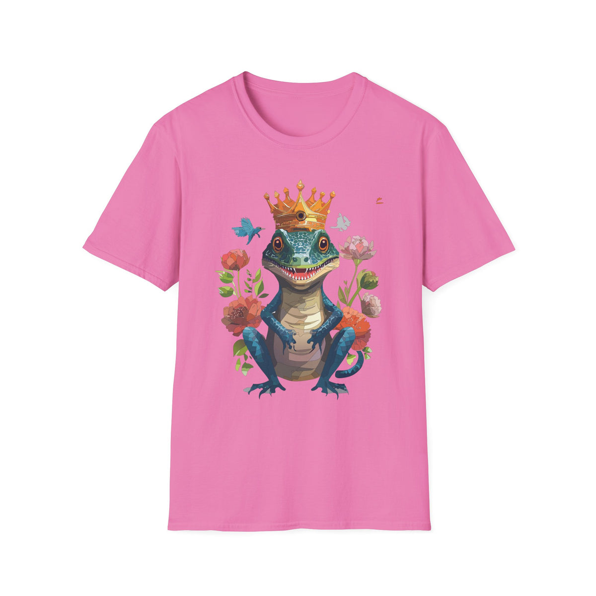 Crowned Lizard Illustration T-Shirt | Regal Gecko with Flowers