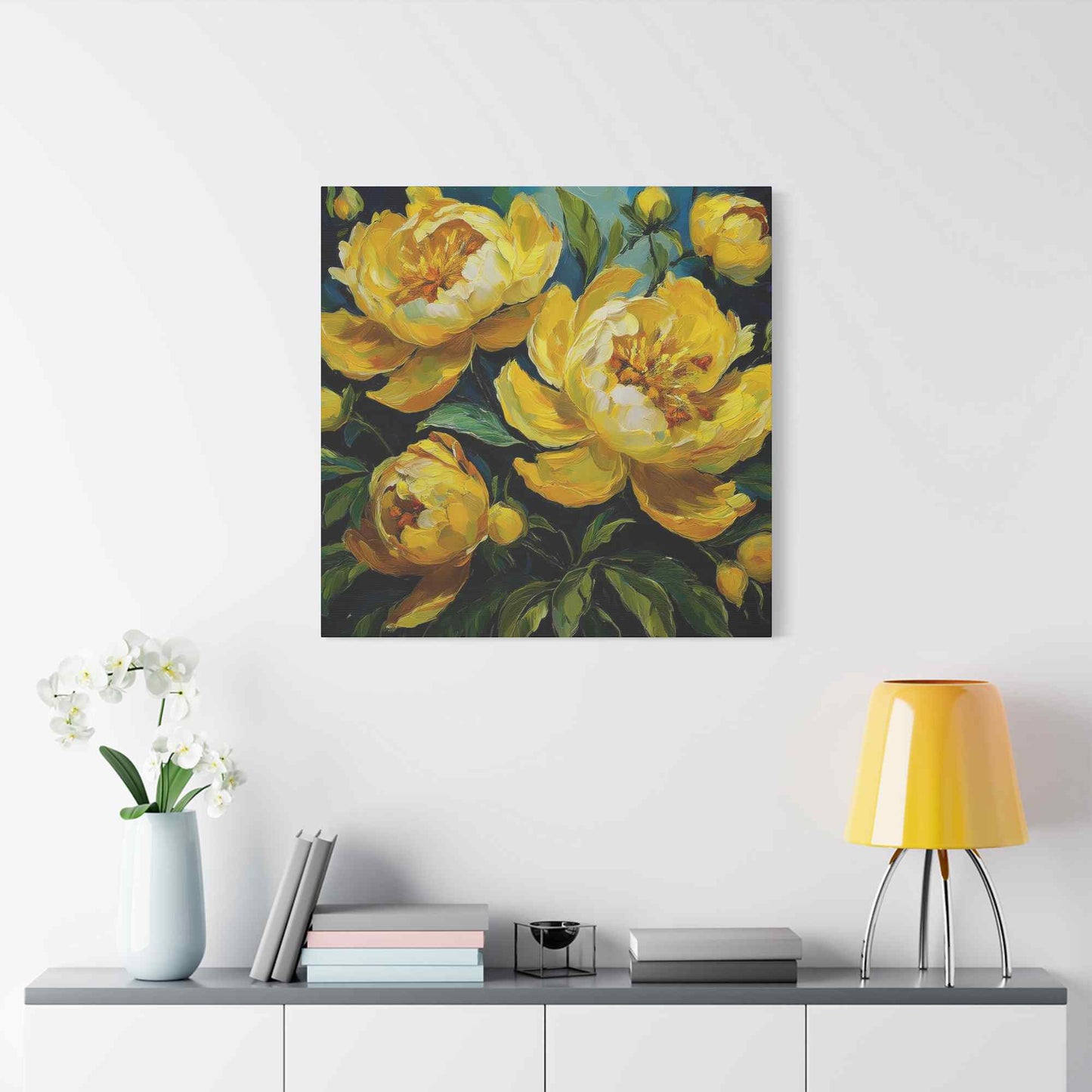 Yellow Peonies Print Canvas, Floral Oil Paint Print 20x20, 24x24, 30x30, 32x32, 36x36 Art Design Pine-Wood Inner Frame MC-121
