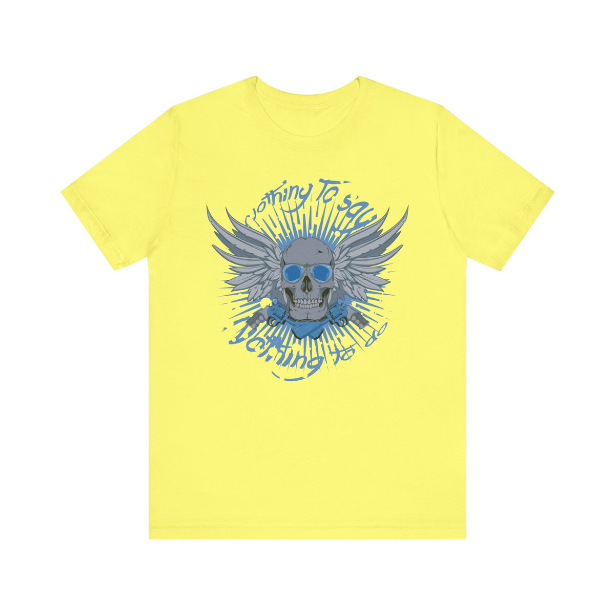 Winged Skull Graphic Tee Blue Skull with Wings Radiant Burst Unisex Cotton