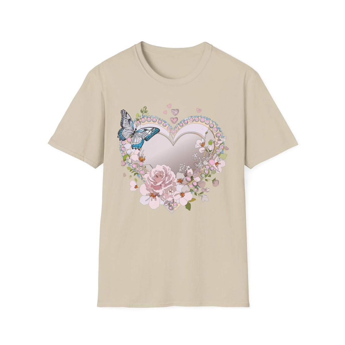 Floral Heart with Butterfly T-Shirt | Romantic Pastel Garden Graphic Tee Unisex 100 Cotton Gildan T-Shirt